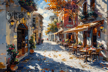 Fototapeta premium Charming Old Town Street: Vibrant Autumn Colors Adorn a Quaint European Alley, Inviting Explorations of Historic Cities, Ideal for Travel and Culture Magazines.