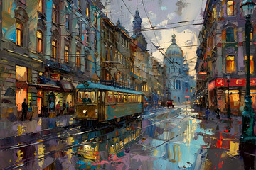 Vibrant cityscape painting with a tram under rainy conditions, perfect for art galleries and urban design magazines, showcasing dynamic street scenes