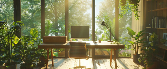 A serene home office with a minimalist desk and a view of lush greenery through floor-to-ceiling windows.