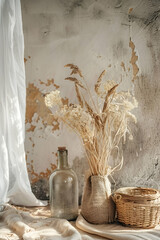 Rustic Charm: Vintage Bottles and Dried Plants on a Sunlit Windowsill, Capturing the Essence of Old-World Interiors, Ideal for Historical and Design Publications