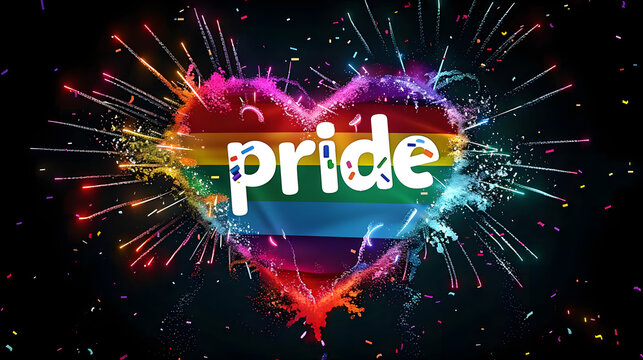Image of pride text and rainbow heart and fireworks exploding on black background