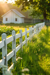 Sunlit Country Charm: White Picket Fence Along a Lush Green Pasture with a Small White Barn in the Background, Perfect for Real Estate and Country Living Features
