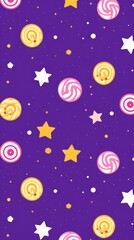 Purple background simple minimalistic seamless pattern, multicolored playful hand drawn cute lines and stars on sugar sprinkles on a donut, confetti