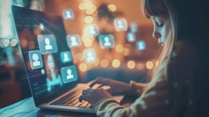 A woman sitting at a table, focused on her laptop computer screen.