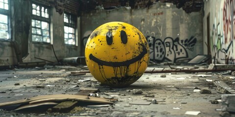 A bright yellow ball with a smiley face painted on it