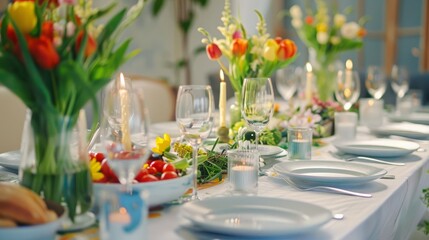 A festive dinner table elegantly set with dishes and cutlery, beautifully decorated with tulips and greenery