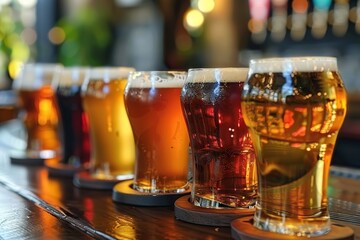 Close-Up of Assorted Beers in a Flight, Ready for a Tasting Adventure in a Cozy Pub