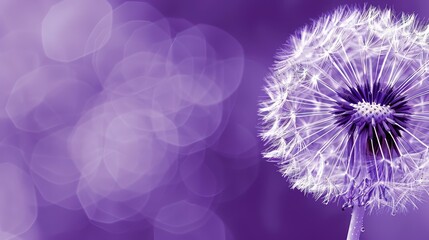   A dandelion in focus against a purple backdrop Blurred dandelion detail behind