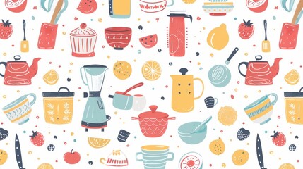 A charming seamless pattern featuring colorful kitchen items, designed as a vector illustration