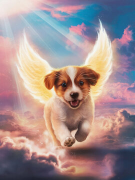 Cute puppy angel in animal heaven. Oil painting on canvas with texture and brush strokes. Grief card. Ideal of crematories, pet shops, parents and friends. Painting watercolor. Pet paradise. Afterlife