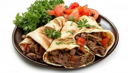 Plate with tasty shawarma and parsley on white background