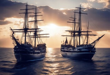 Obraz premium 'historic two ships boat mast storm yacht regatta water adventure boating crew cruise freedom lifestyle marin ocean pursuit romantic sailboat sailing sea sky travel vessel wind yachting black flag'