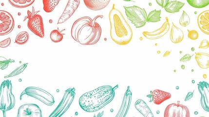 Two seamless patterns featuring an array of colorful fruits and vegetables, with a thoughtful empty space in the center for text