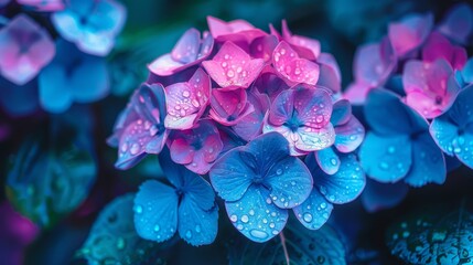   A collection of blue and pink blossoms, adorned with dewdrops, features green foliage in the foreground - obrazy, fototapety, plakaty