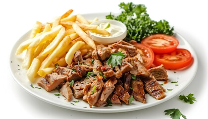 Plate with tasty shawarma and parsley on white background
