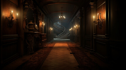 A mysterious hallway with antique furnishings and flickering gas lamps, hinting at secrets hidden in the shadows.