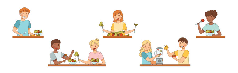 Vegetarian People Character Enjoy Healthy Eating Vector Set