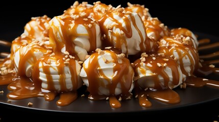 Caramel candies with caramel sauce and sesame seeds on black background