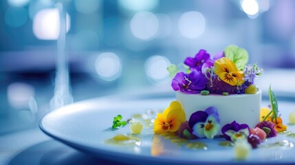 Small white cake on a white plate. The cake is decorated with colorful frosting flowers and a single red fruit with small edible flower on the plate with cake sits on is plain white and round. AIG42. - Powered by Adobe