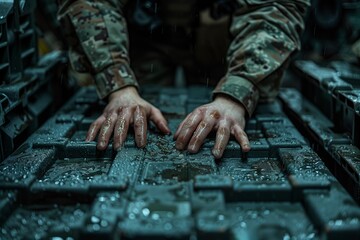 Soldier touching wet ammunition boxes in dark