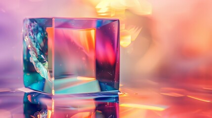 A captivating abstract background featuring a closeup of a glossy crystal block with a stunning multicolored gradient reflection