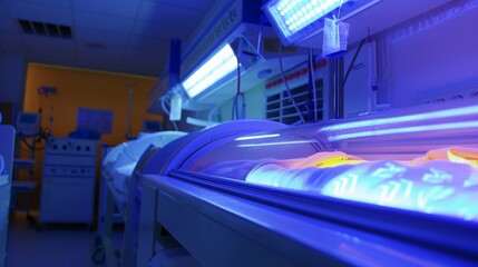 A hospital room with an abundance of bright neon lights illuminating the space, creating a vibrant and colorful atmosphere.