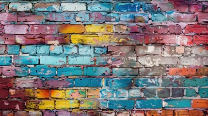 This image showcases a colorful brick wall interior with a grunge texture, providing a striking and artistic backdrop