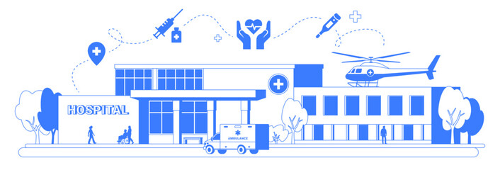 Vector graphic of hospital building isolated on white. Healthcare infographic illustration in one blue color line art. Emergency clinic with ambulance and helicopter.