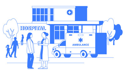 Vector graphic of hospital building isolated on white. Health care illustration with ambulance car, doctor and patient. Blue color line art concept.