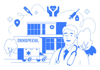 Vector graphic of doctor, ambulance and hospital building isolated. Healthcare infographic with medical icons. Blue color line art. Medical abstract concept.