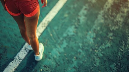 Dynamic female runner at starting line in bright orange attire prepares for race on vibrant turquoise track, embodying determination and focus in athletic competition.