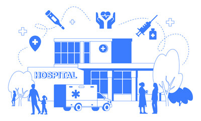 Vector graphic of hospital building isolated. Healthcare infographic with medical icons. Blue color line art. Ambulance and people near the clinic.