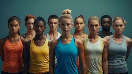Vibrant team of nine athletes displaying unity and determination, dressed in colorful sportswear, evoking Olympic spirit, diversity in sports, competitive mood.