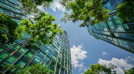 A low angle shot of towering modern glass buildings framed by lush greenery against a clear blue sky, highlighting urban architecture in harmony with nature.

