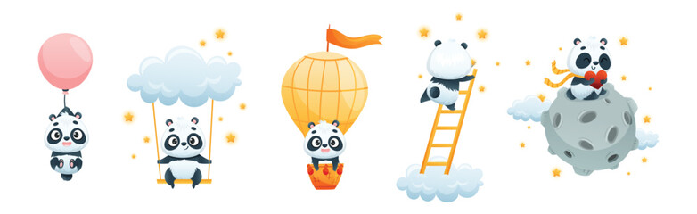 Cute Baby Panda Character Engaged in Different Activity Vector Set