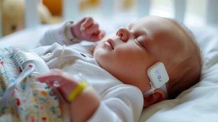 A baby peacefully lies in a crib, sucking on a pacifier.