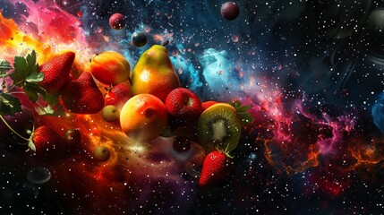 A vibrant abstract background that merges the cosmic allure of space and planets with whimsical elements of fruit, creating a unique and imaginative visual experience.

