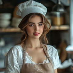 Elegant Young Female Chef in a Rustic Kitchen