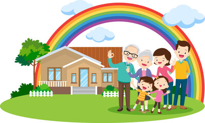Happy big family standing with house ,rainbow