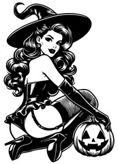 halloween witch pin-up girl, vintage comic style, black silhouette vector, beauty woman cartoon print, retro clipart pin up illustration