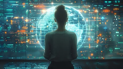 Modern Businesswoman Engaging with Futuristic Data Visualizations