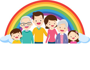 Happy big family standing with house ,rainbow