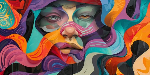 Painting of a womans face with vivid, colorful hair