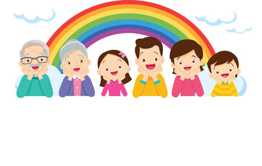 Fototapeta premium Happy big family standing with house ,rainbow
