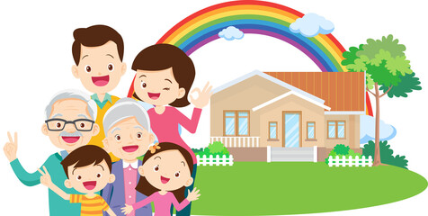 Happy big family standing with house ,rainbow