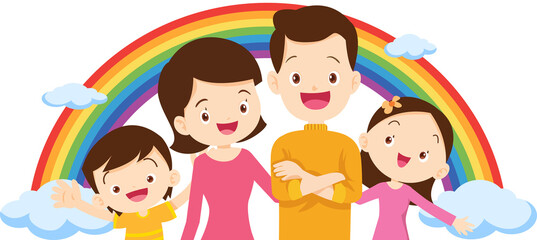 Happy big family standing with house ,rainbow