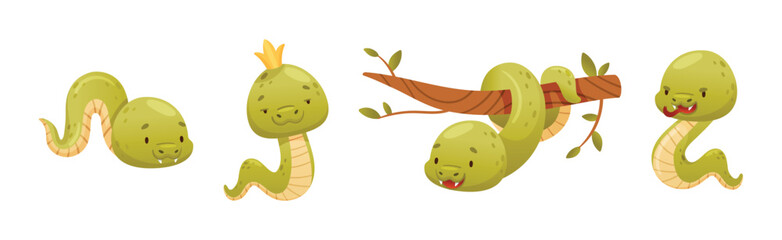 Cute Green Snake Funny Wild Baby Reptile Vector Set