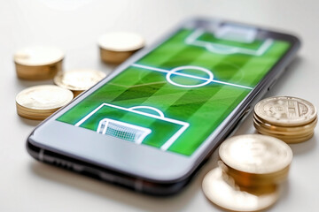 Coins and smartphone with football field, football betting concept online