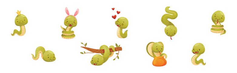 Cute Green Snake Funny Wild Baby Reptile Vector Set