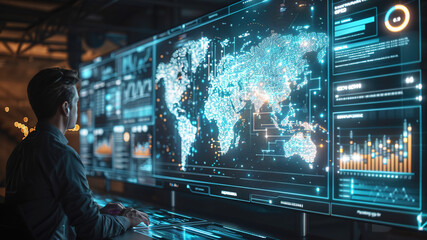 A man looks at a large screen with a graphic image of a world map and various data